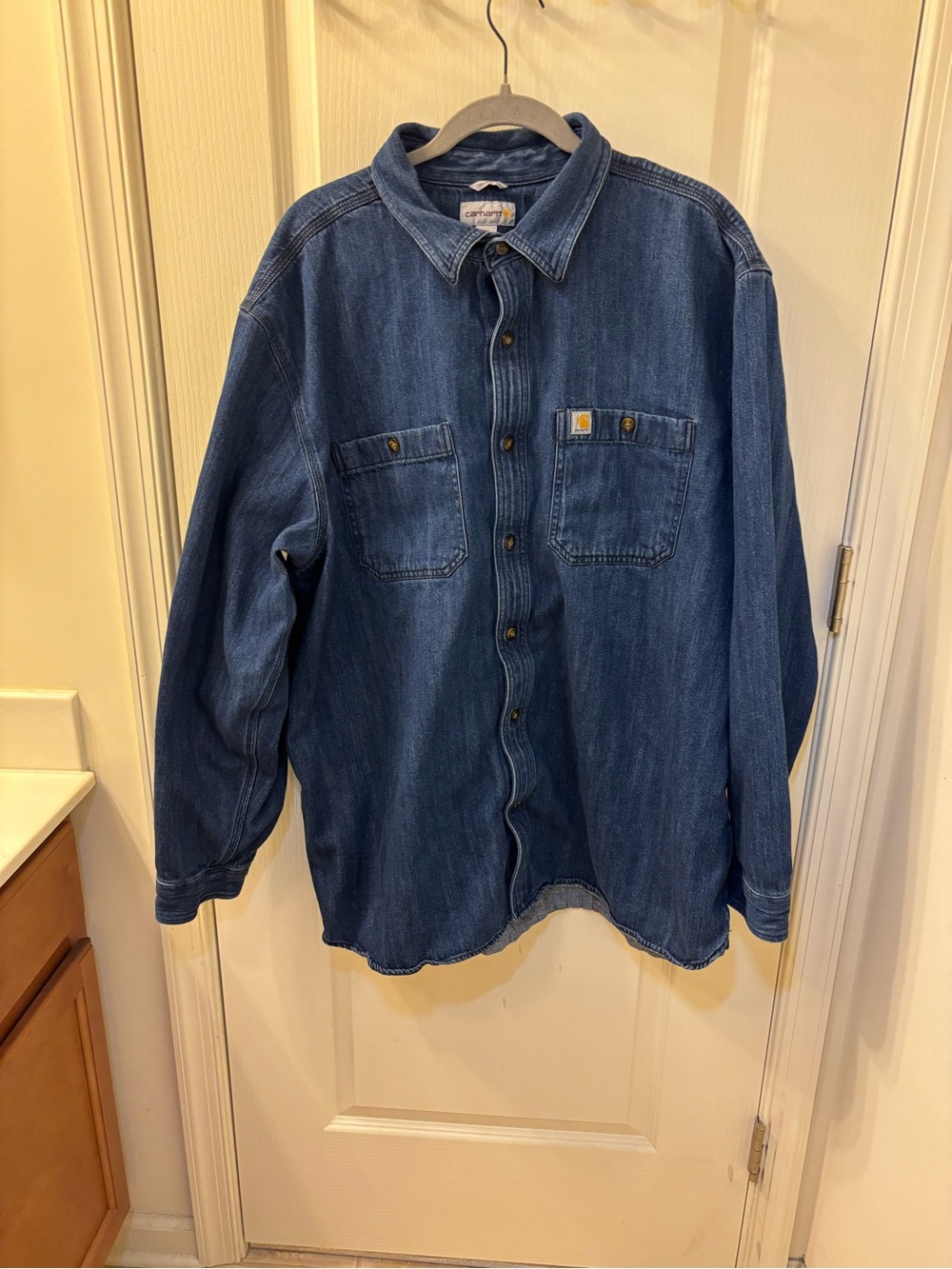 Vintage Carhartt Original Fit Denim Chambray Work Shirt 2XL Blue Long Sleeve